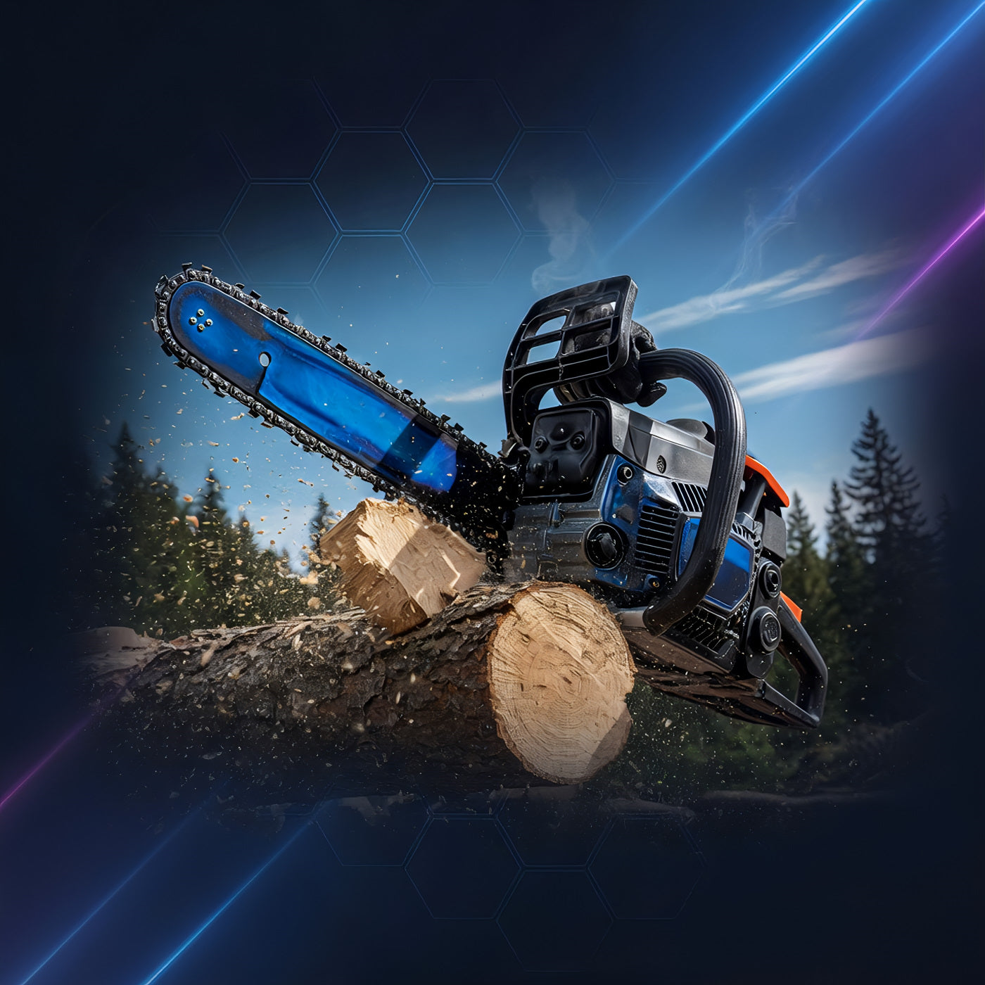 TriboDyn 2-Cycle Oil – low smoke and clean burning performance shown with a chainsaw in use under a clear blue sky