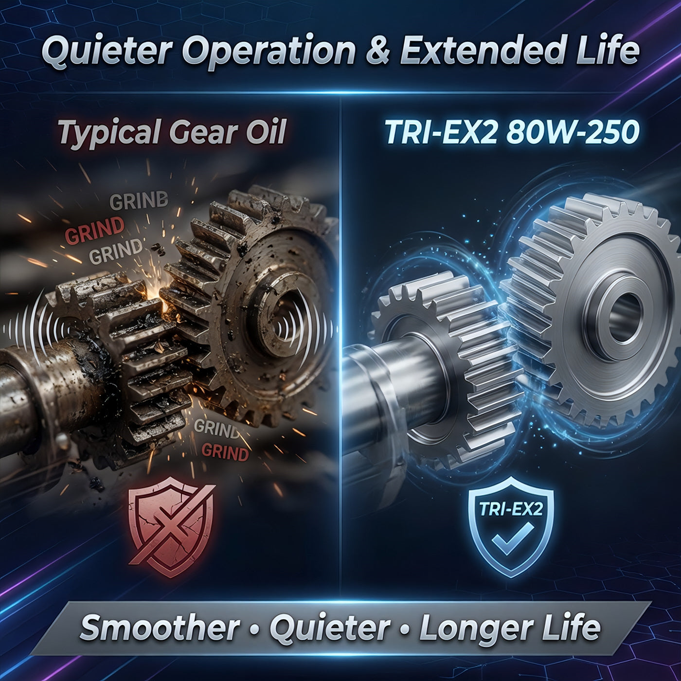 TriboDyn TRI-EX2 80W-250 vs typical gear oil – quieter operation and extended component life