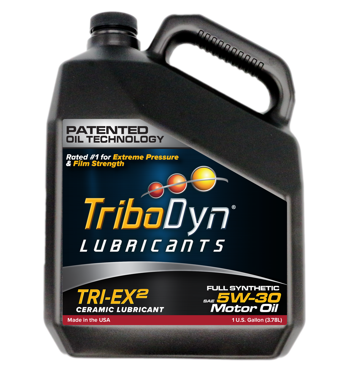 TriboDyn TRI-EX² 5W-30 full synthetic ceramic motor oil, 1 gallon jug, front view