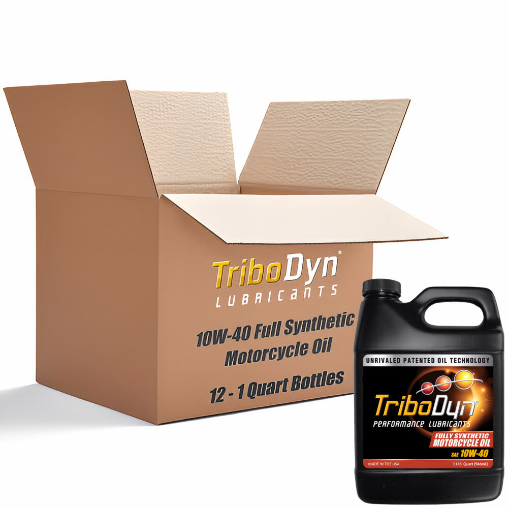 Case of 12 quarts of TriboDyn Full Synthetic 10W-40 Motorcycle Oil with Ceramic Coating with a black 1 quart bottle sitting in front.