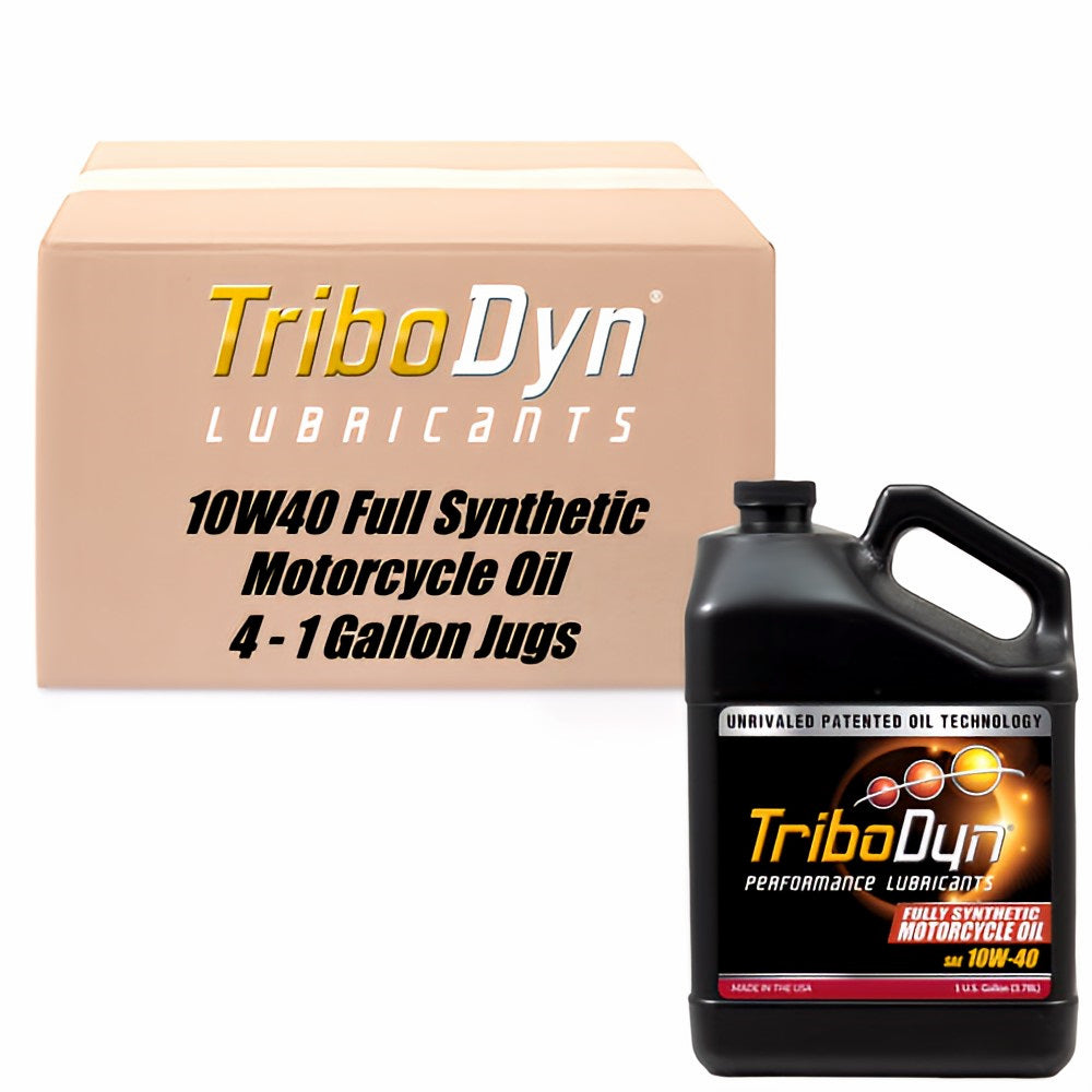 4 gallon case of TriboDyn TRI-EX2 Full Synthetic 10W-40 motorcycle oil with ceramic coating and cardboard box with a black gallon jug in front.