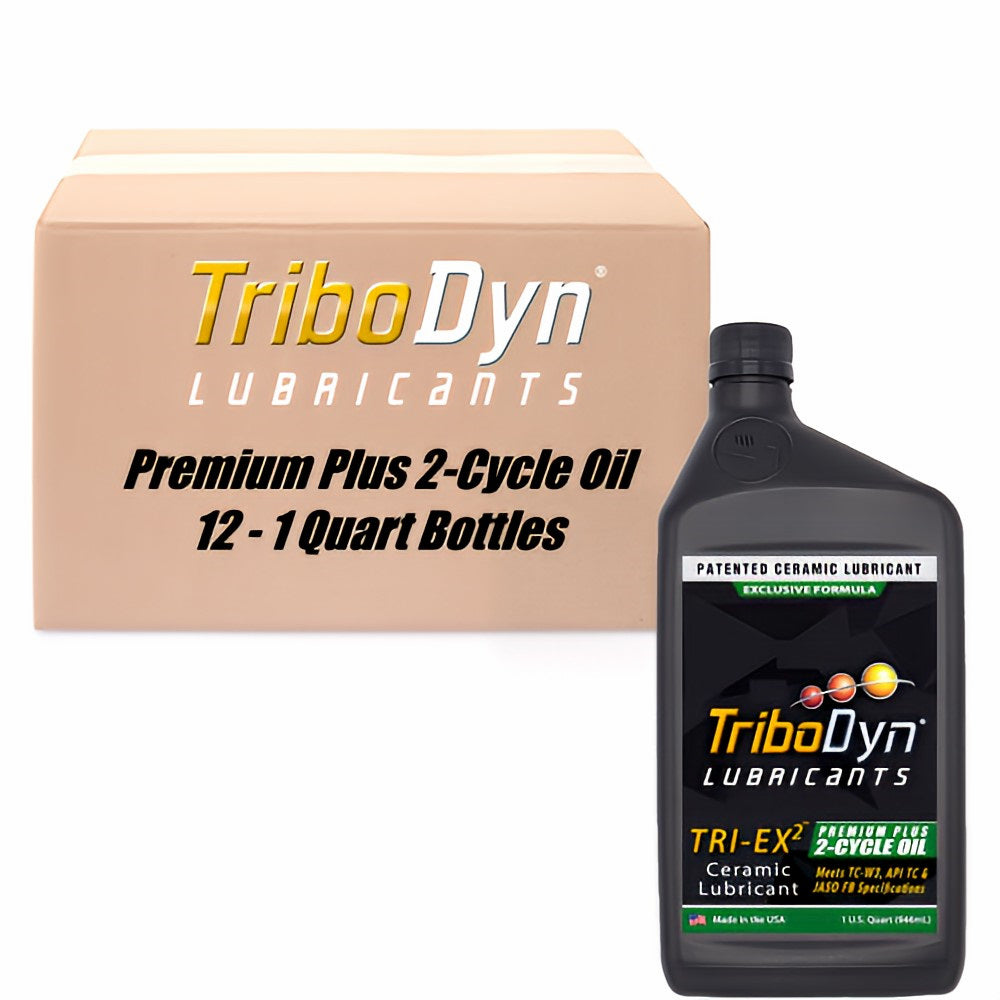 12 Quart case of TriboDyn Premium Plus 2-Cycle engine oil with ceramic coating and cardboard box with a black quart bottle in front.