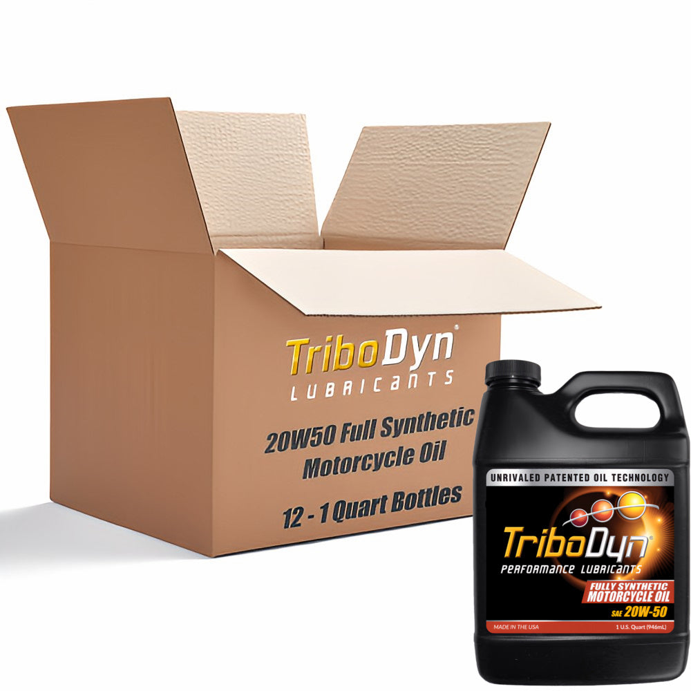 Case of 12 quarts of TriboDyn Full Synthetic 20W-50 Motorcycle Oil with Ceramic Coating with a black 1 quart bottle sitting in front.