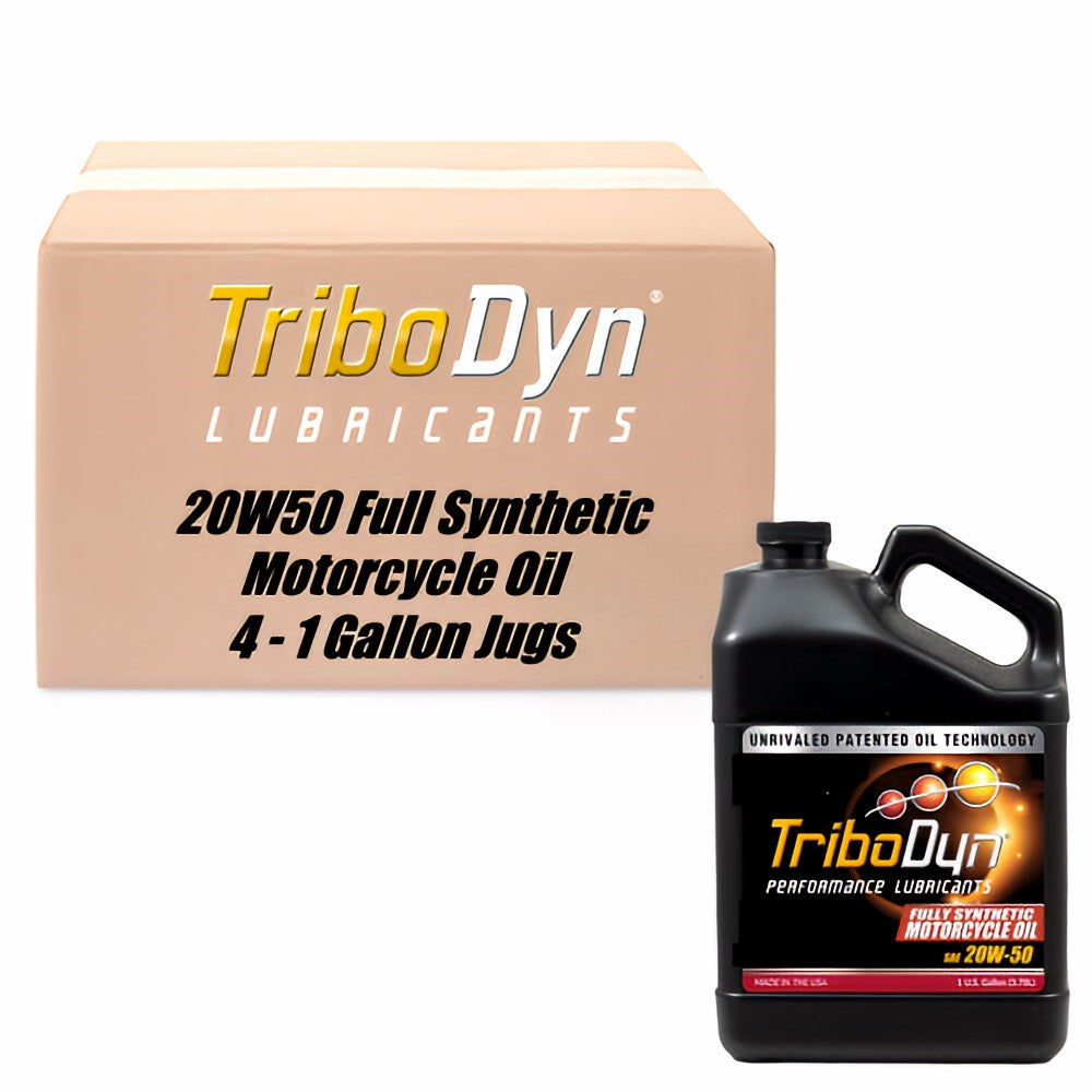 4 gallon case of TriboDyn TRI-EX2 Full Synthetic 20W-50 motorcycle oil with ceramic coating and cardboard box with a black gallon jug in front.