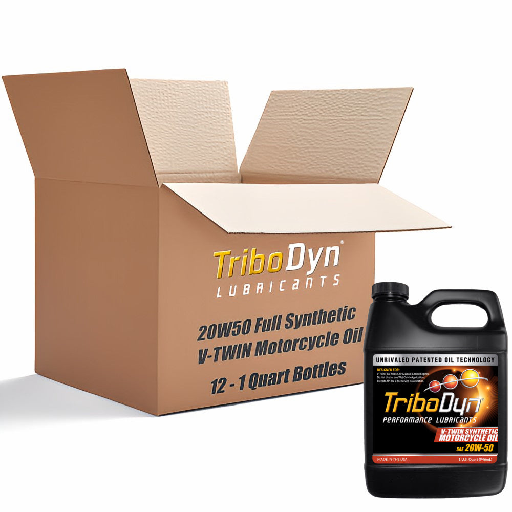 Case of 12 quarts of TriboDyn Synthetic 20W-50 VTWIN Motorcycle Oil with Ceramic Coating with a black 1 quart bottle sitting in front.