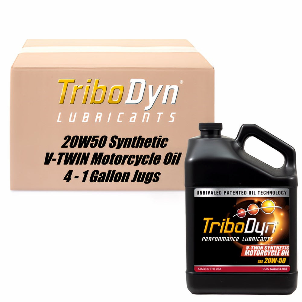 4 gallon case of TriboDyn TRI-EX2 Full Synthetic 20W50 VTWIN motorcycle oil with ceramic coating and cardboard box with a black gallon jug in front.