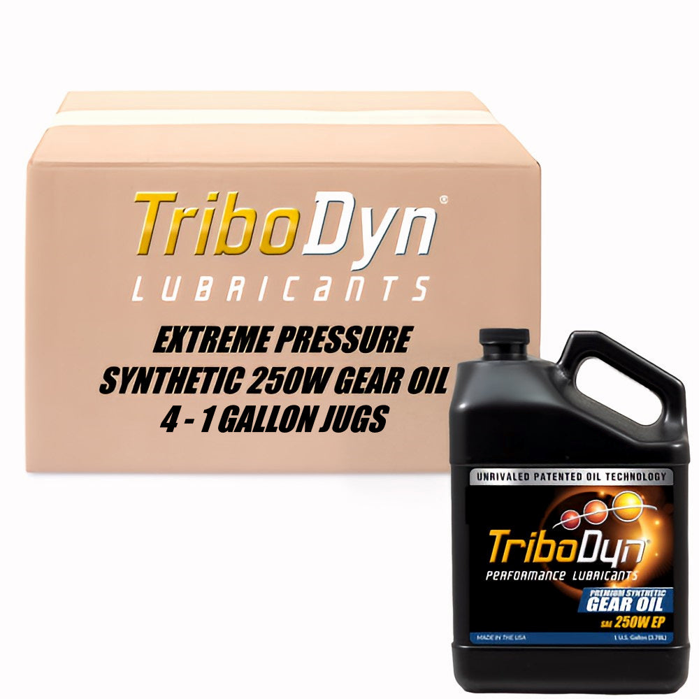 4 gallon case of TriboDyn TRI-EX2 Synthetic 250W Extreme Pressure gear oil with ceramic coating and cardboard box with a black gallon jug in front.