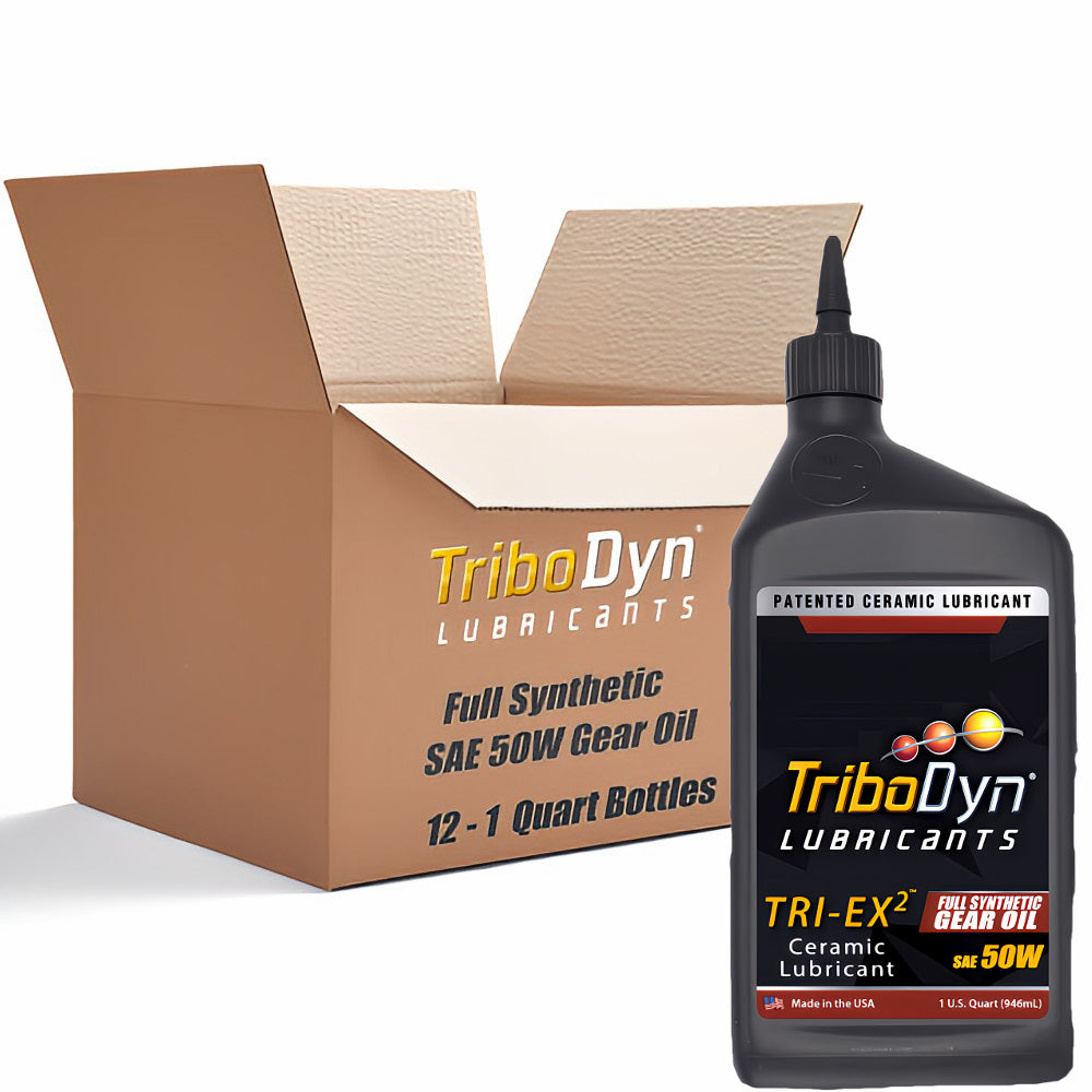 Case of 12 quarts of TriboDyn Full Synthetic 50W Gear Oil with Ceramic Coating with a black 1 quart bottle sitting in front.
