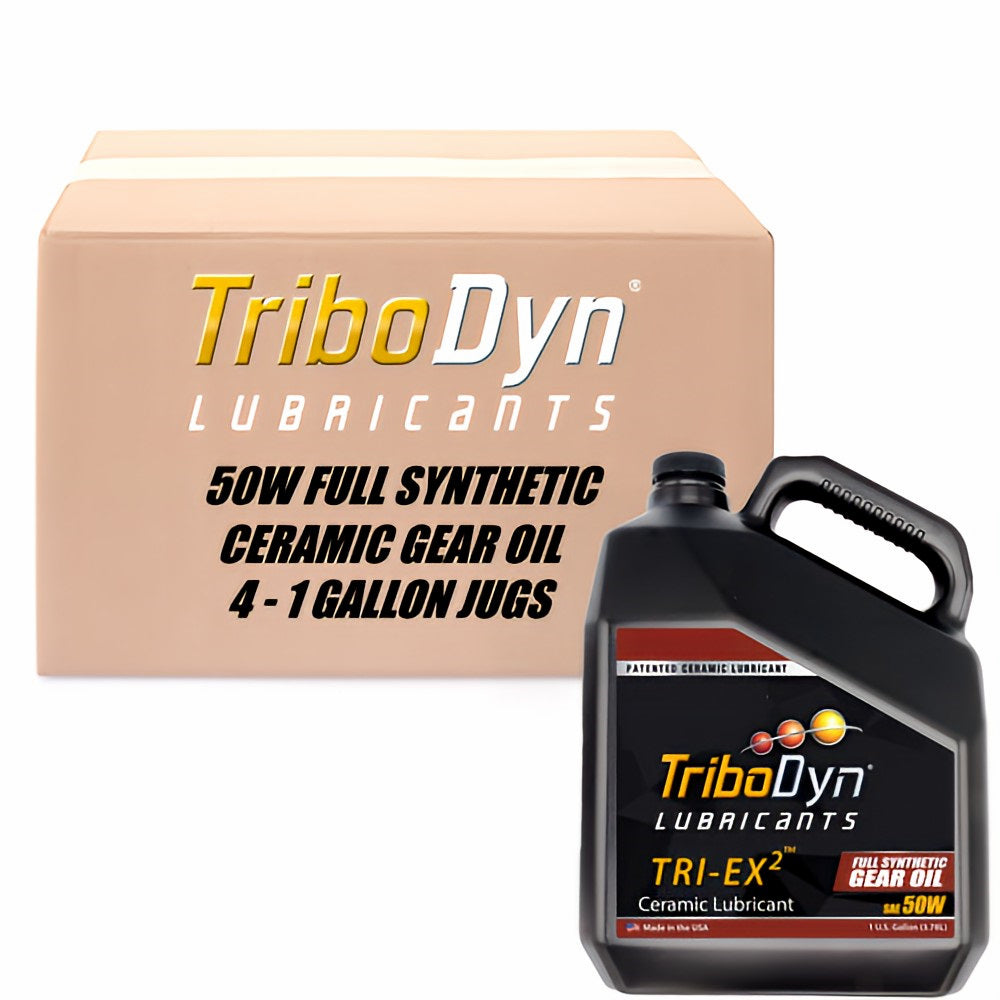 4 gallon case of TriboDyn TRI-EX2 Full Synthetic 50W gear oil with ceramic coating and cardboard box with a black gallon jug in front.