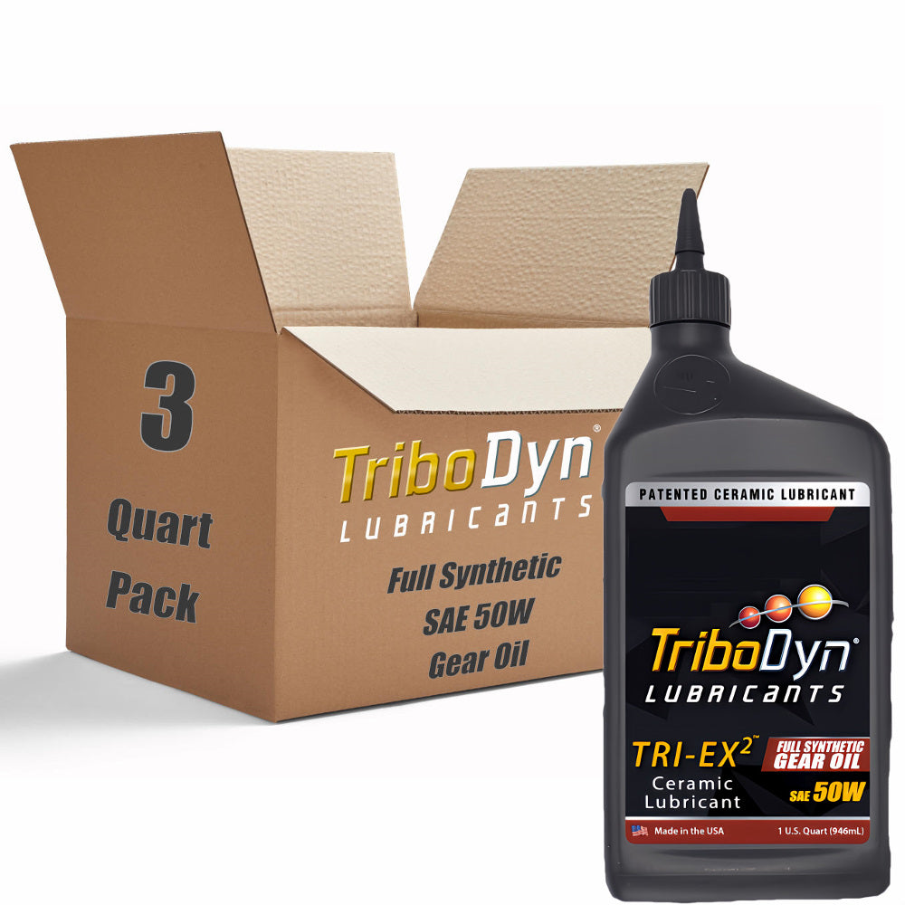 3 quart pack of TriboDyn Full Synthetic 50W Gear Oil with Ceramic Coating with a black 1 quart bottle sitting in front.