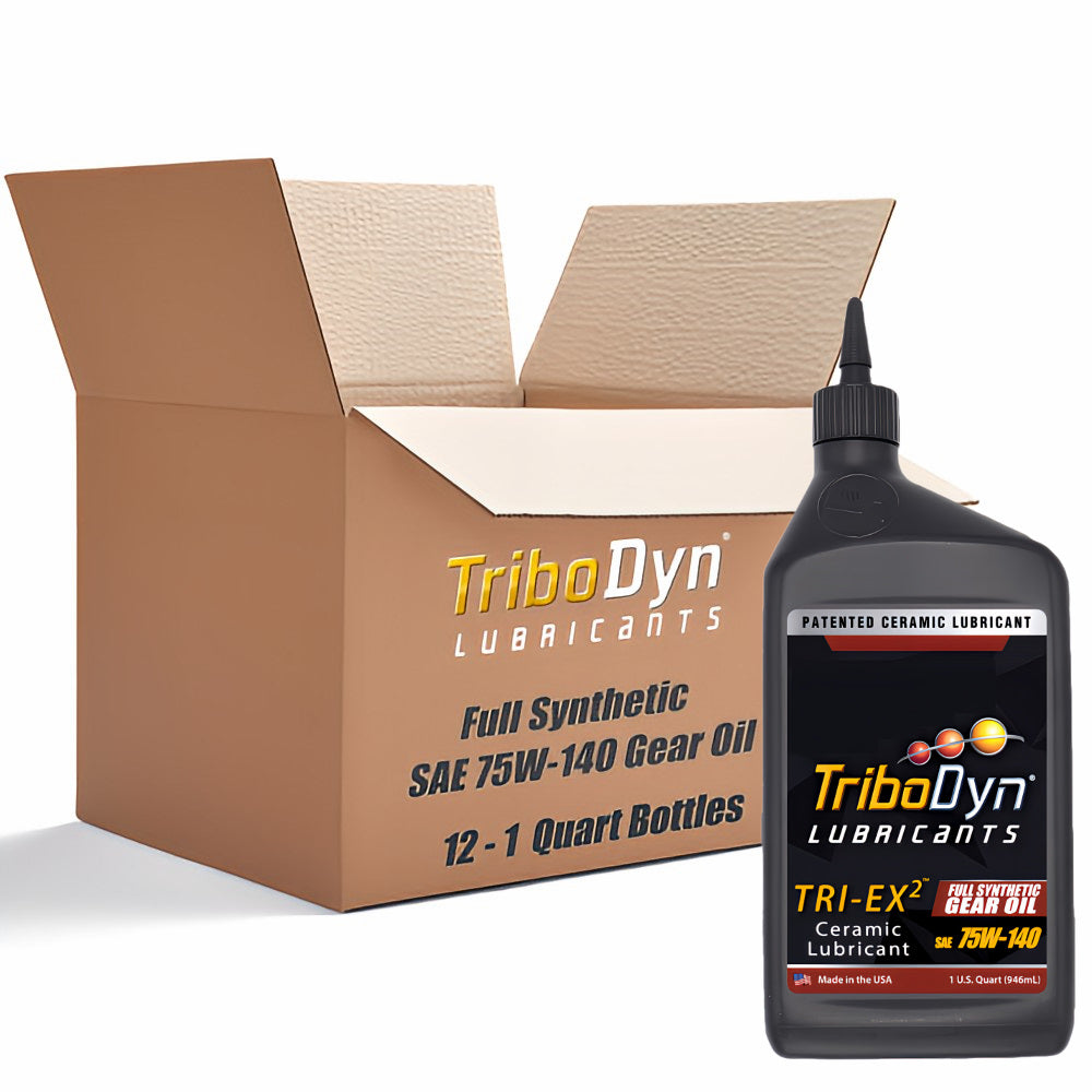 Case of 12 quarts of TriboDyn Full Synthetic 75W140 Gear Oil with Ceramic Coating with a black 1 quart bottle sitting in front.