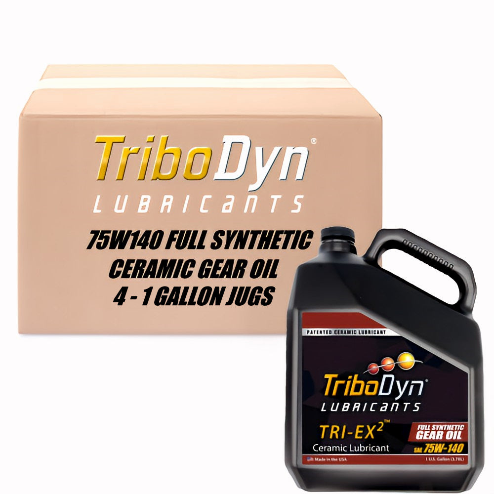 4 gallon case of TriboDyn TRI-EX2 Full Synthetic 75W140 gear oil with ceramic coating and cardboard box with a black gallon jug in front.
