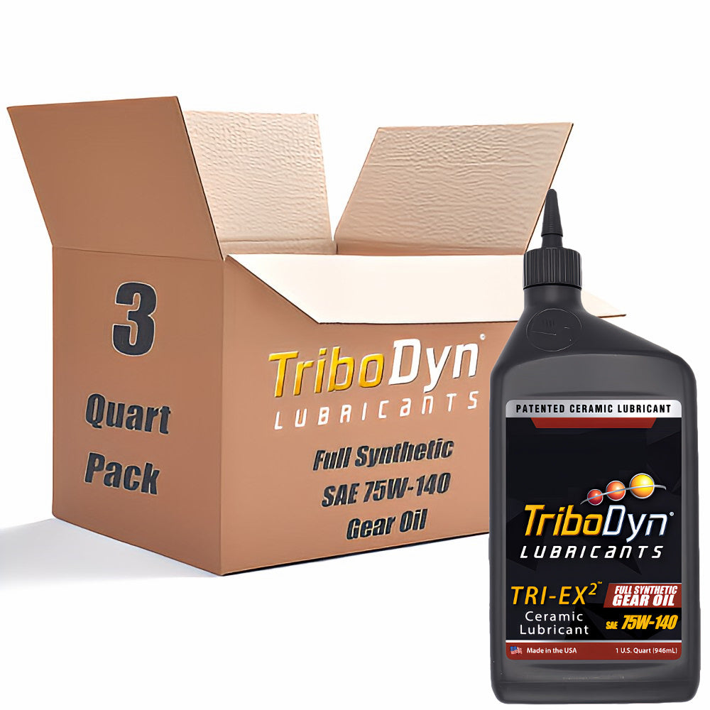 3 quart pack of TriboDyn Full Synthetic 75W140 Gear Oil with Ceramic Coating with a black 1 quart bottle sitting in front.