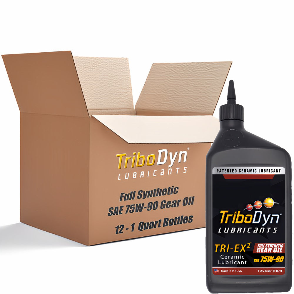 Case of 12 quarts of TriboDyn Full Synthetic 75W90 Gear Oil with Ceramic Coating with a black 1 quart bottle sitting in front.