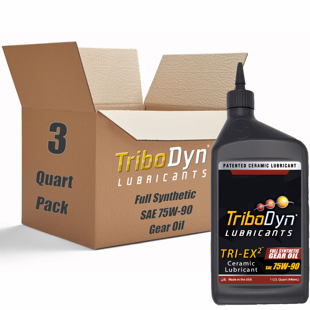 Case of 3 quarts of TriboDyn Full Synthetic 75W90 Gear Oil with Ceramic Coating with a black 1 quart bottle sitting in front.