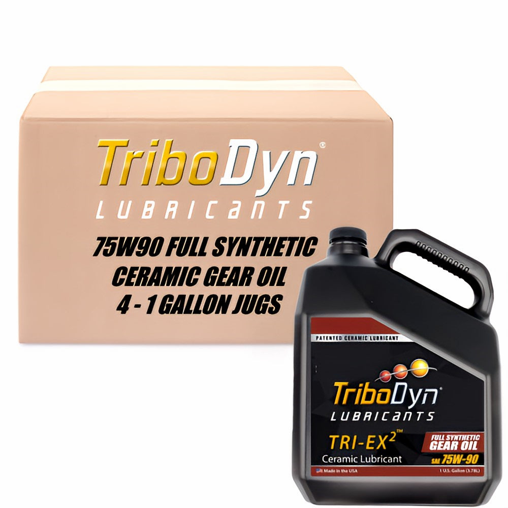 4 gallon case of TriboDyn TRI-EX2 Full Synthetic 75W90 gear oil with ceramic coating and cardboard box with a black gallon jug in front.
