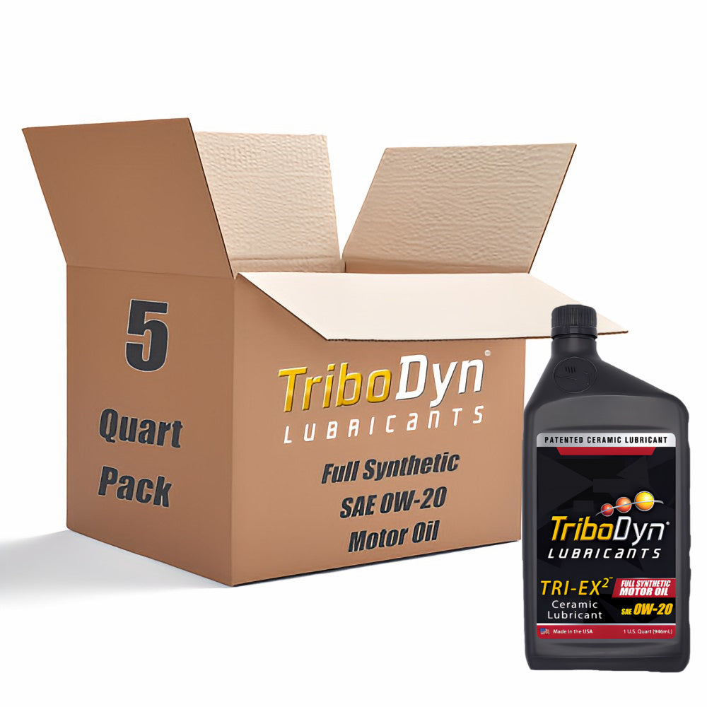 5 quart pack of TriboDyn Full Synthetic 0W-20 Gear Oil with Ceramic Coating with a black 1 quart bottle sitting in front.