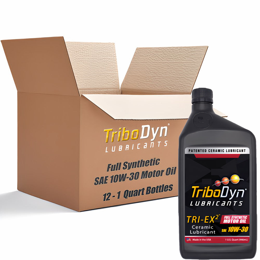 Case of 12 quarts of TriboDyn Full Synthetic 10W-30 Motor Oil with Ceramic Coating with a black 1 quart bottle sitting in front.