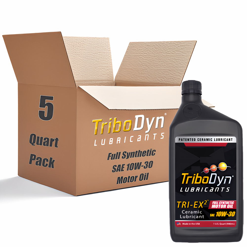 5 quart pack of TriboDyn Full Synthetic 10W-30 Gear Oil with Ceramic Coating with a black 1 quart bottle sitting in front.