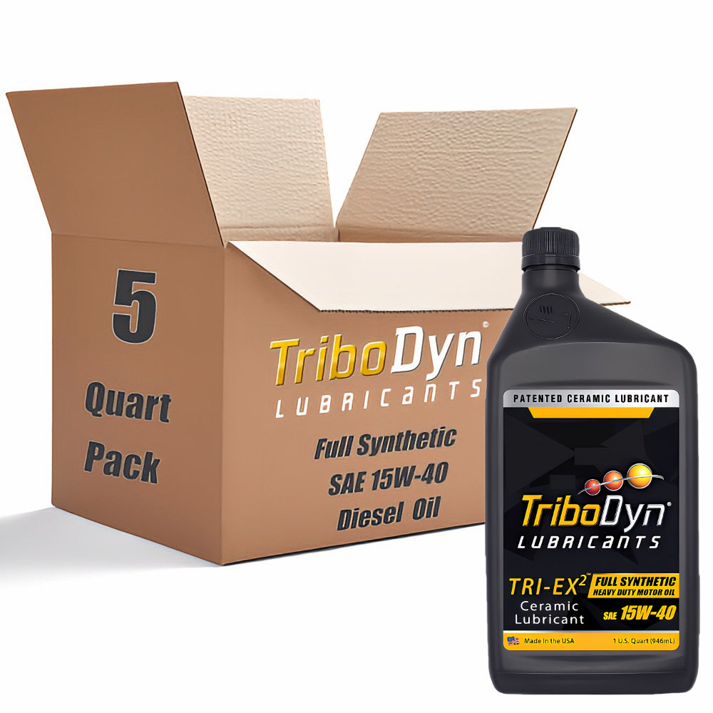 5 quart pack of TriboDyn Full Synthetic 15W40 Heavy Duty Diesel engine oil with ceramic coating and cardboard box with a black quart bottle in front.