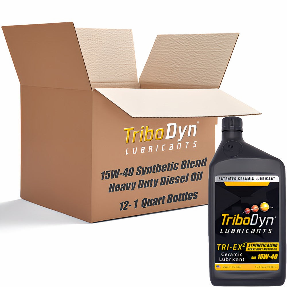 12 Quart case of TriboDyn Synthetic Blend 15W40 Heavy Duty Diesel engine oil with ceramic coating and cardboard box with a black quart bottle in front.