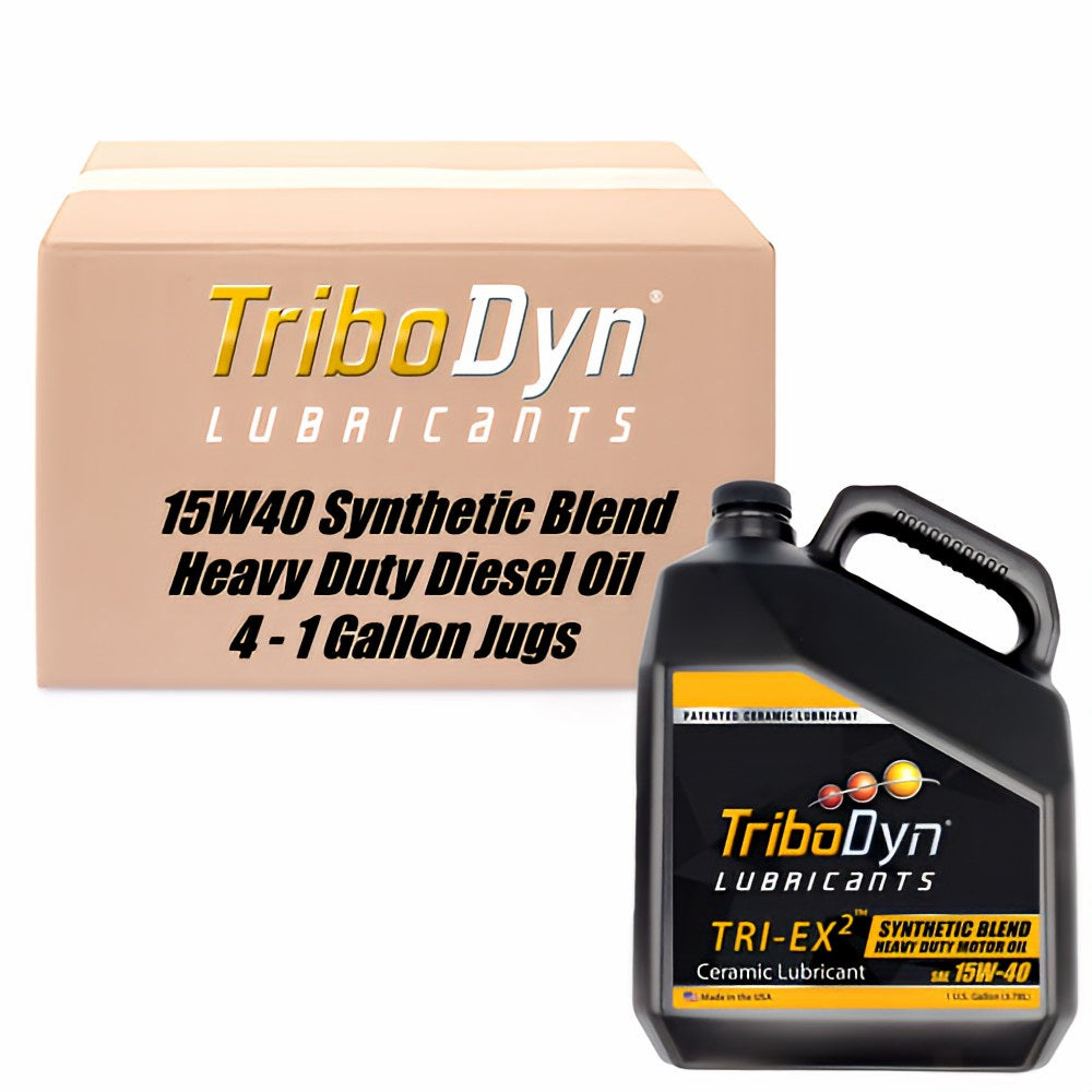 4 Gallon case of TriboDyn Synthetic Blend 15W40 Heavy Duty Diesel engine oil with ceramic coating and cardboard box with a black gallon bottle in front.