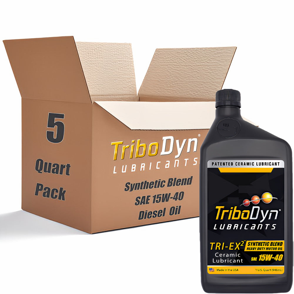 5 Quart pack of TriboDyn Synthetic Blend 15W40 Heavy Duty Diesel engine oil with ceramic coating and cardboard box with a black quart bottle in front.