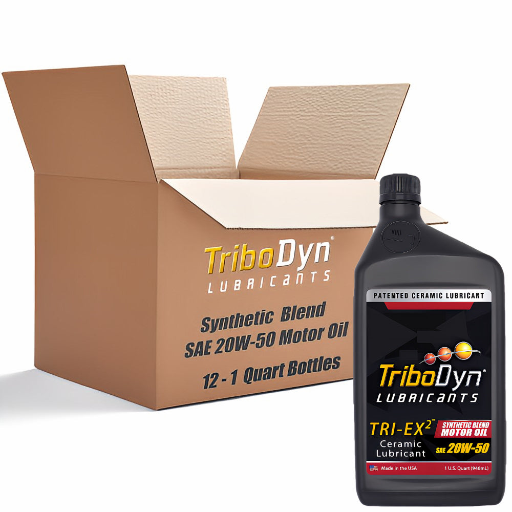Case of 12 quarts of TriboDyn Synthetic Blend 20W-50 Motor Oil with Ceramic Coating with a black 1 quart bottle sitting in front.
