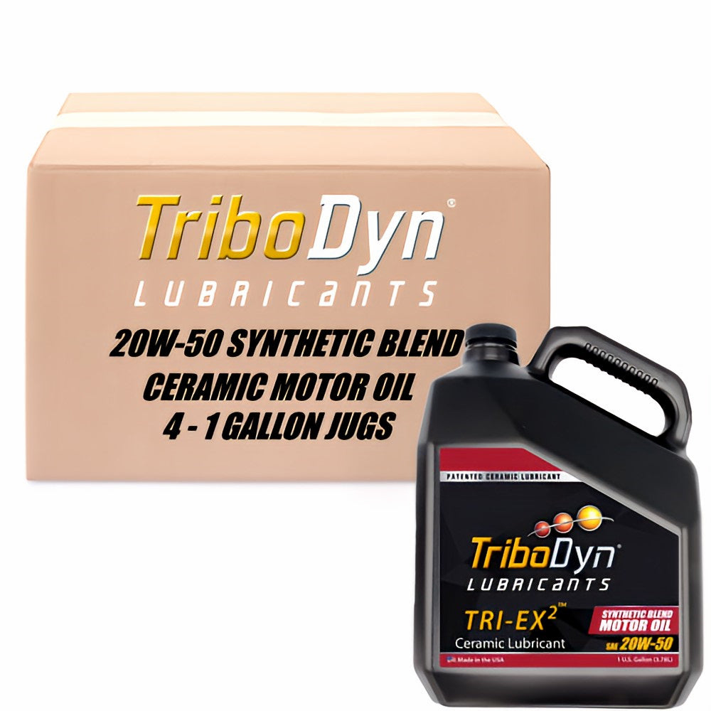 4 gallon case of TriboDyn TRI-EX2 Synthetic Blend 20W50 motor oil with ceramic coating and cardboard box with a black gallon jug in front.