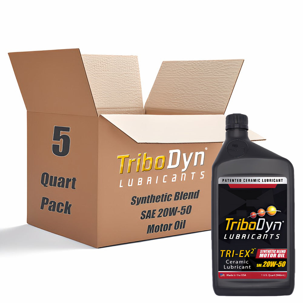 5 quart pack of TriboDyn Synthetic Blend 20W-50 Gear Oil with Ceramic Coating with a black 1 quart bottle sitting in front.