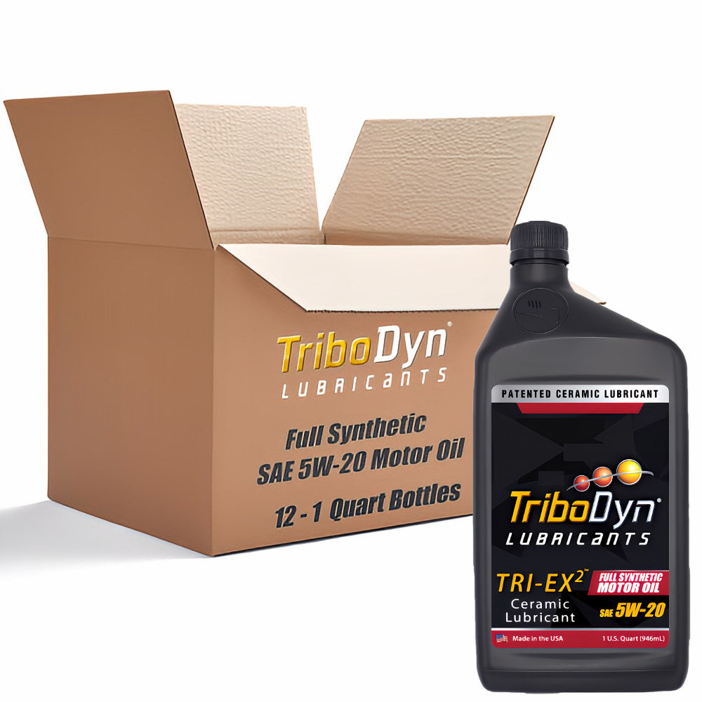 Case of 12 quarts of TriboDyn Full Synthetic 5W-20 Motor Oil with Ceramic Coating with a black 1 quart bottle sitting in front.