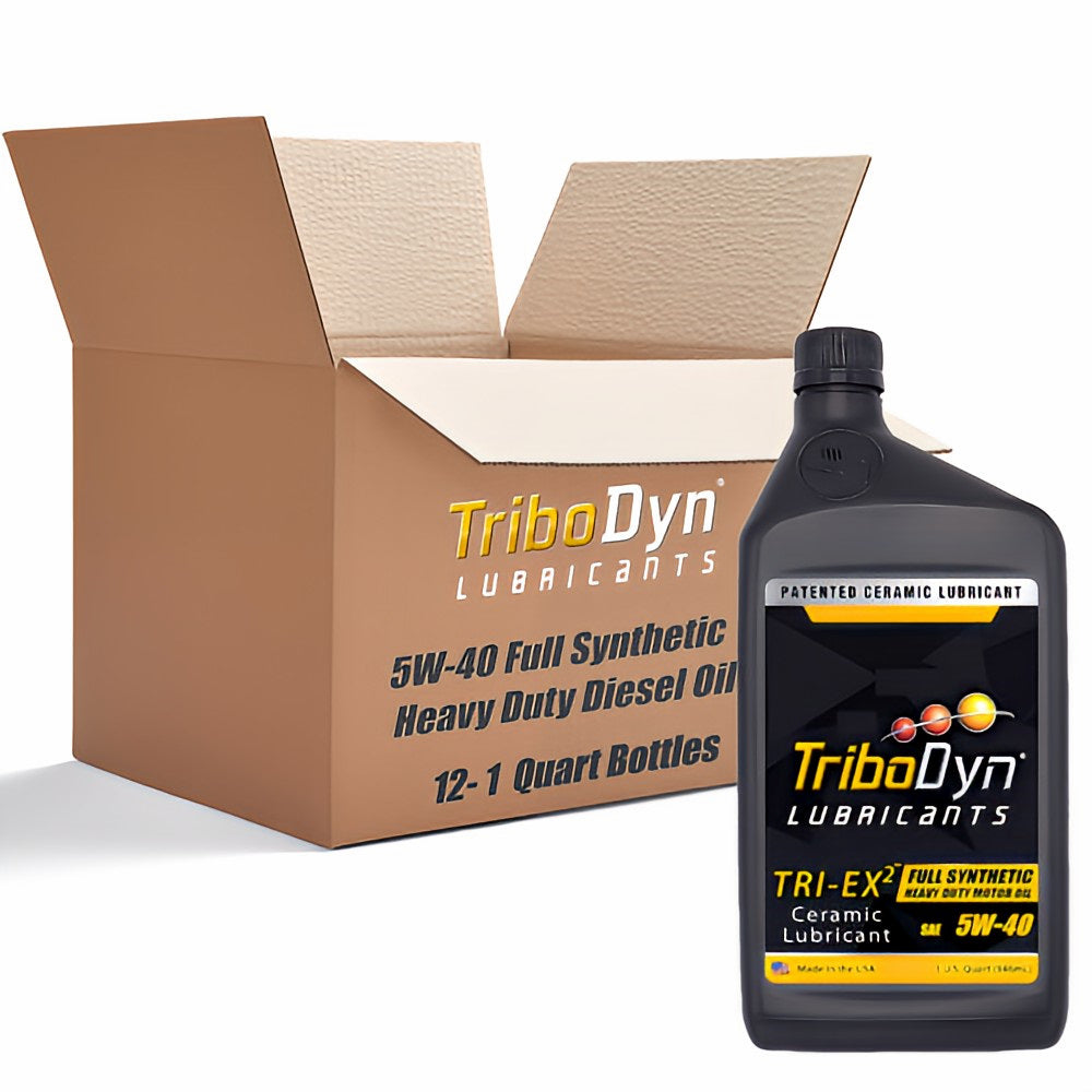 12 quart pack of TriboDyn Full Synthetic 5W40 Heavy Duty Diesel engine oil with ceramic coating and cardboard box with a black quart bottle in front.