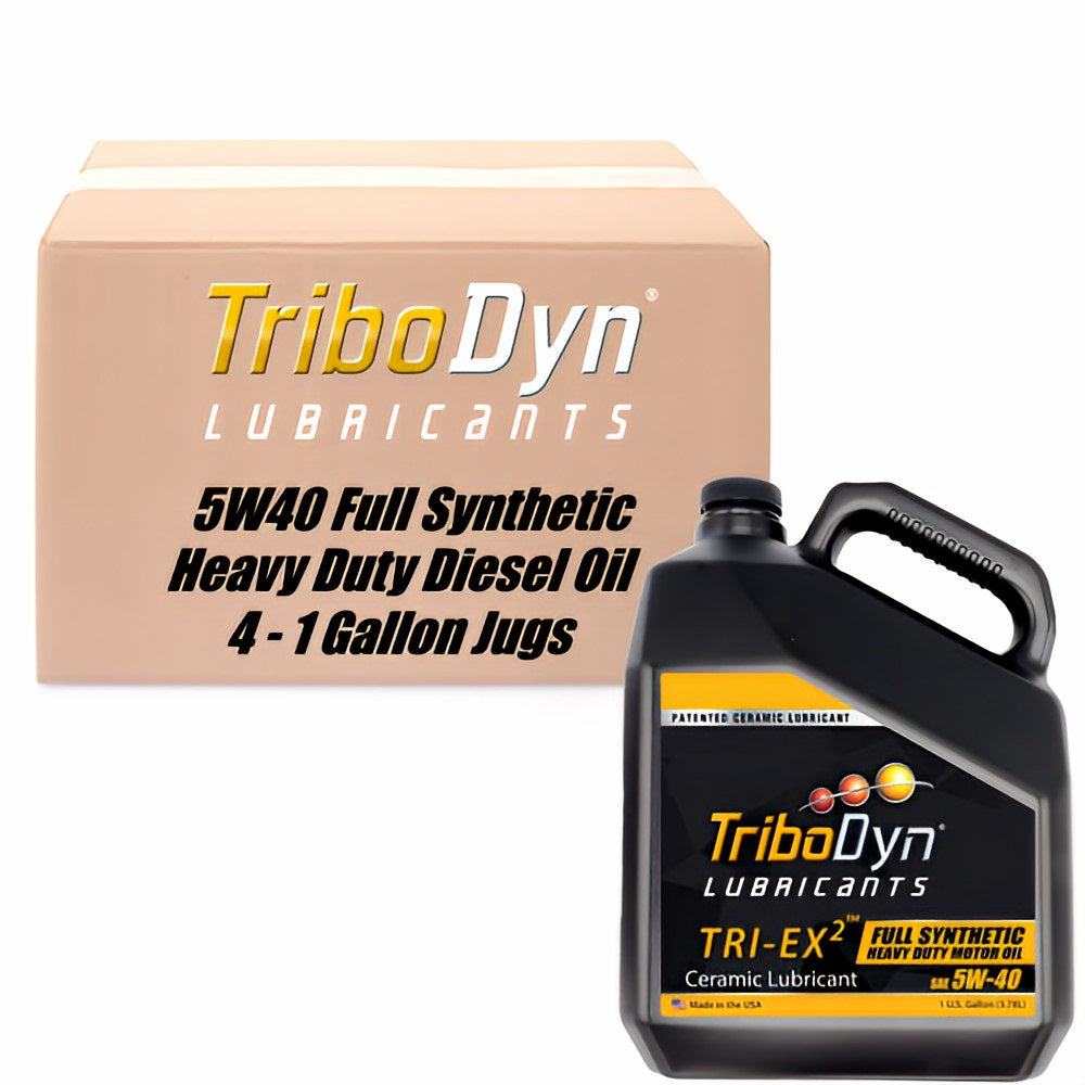 4 gallon case of TriboDyn Full Synthetic 15W40 Heavy Duty Diesel engine oil with ceramic coating and cardboard box with a black gallon jug in front.