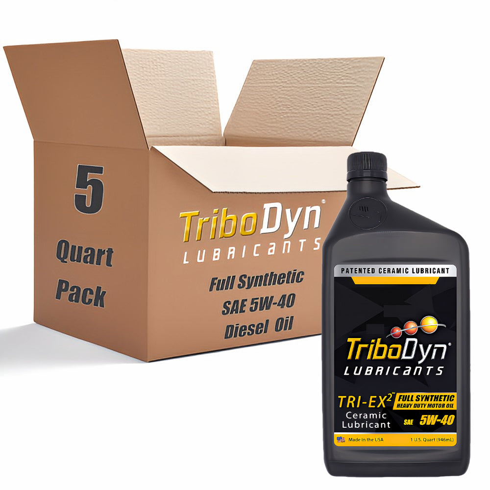 5 quart pack of TriboDyn Full Synthetic 5W40 Heavy Duty Diesel engine oil with ceramic coating and cardboard box with a black quart bottle in front.