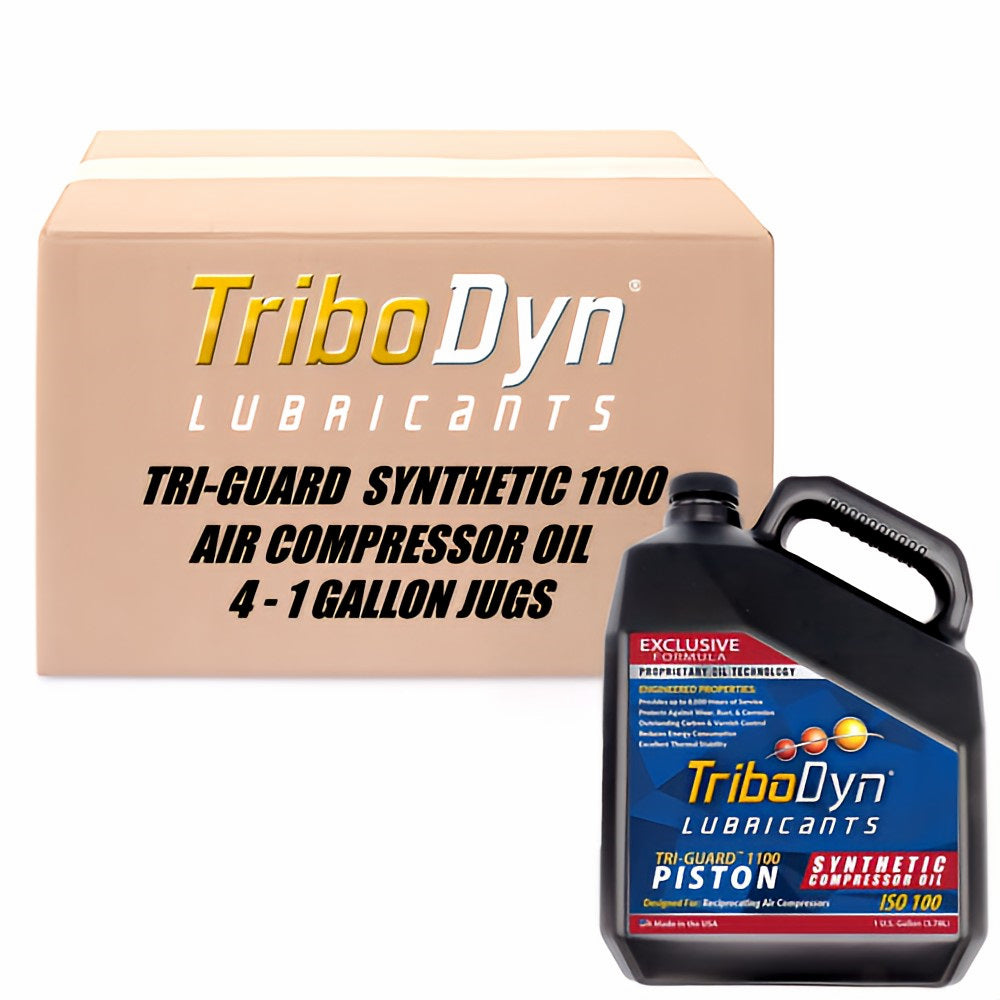 4 Gallon Case of TriboDyn Tri-Guard 1100 ISO 100 Synthetic Air Compressor Oil with a black gallon jug