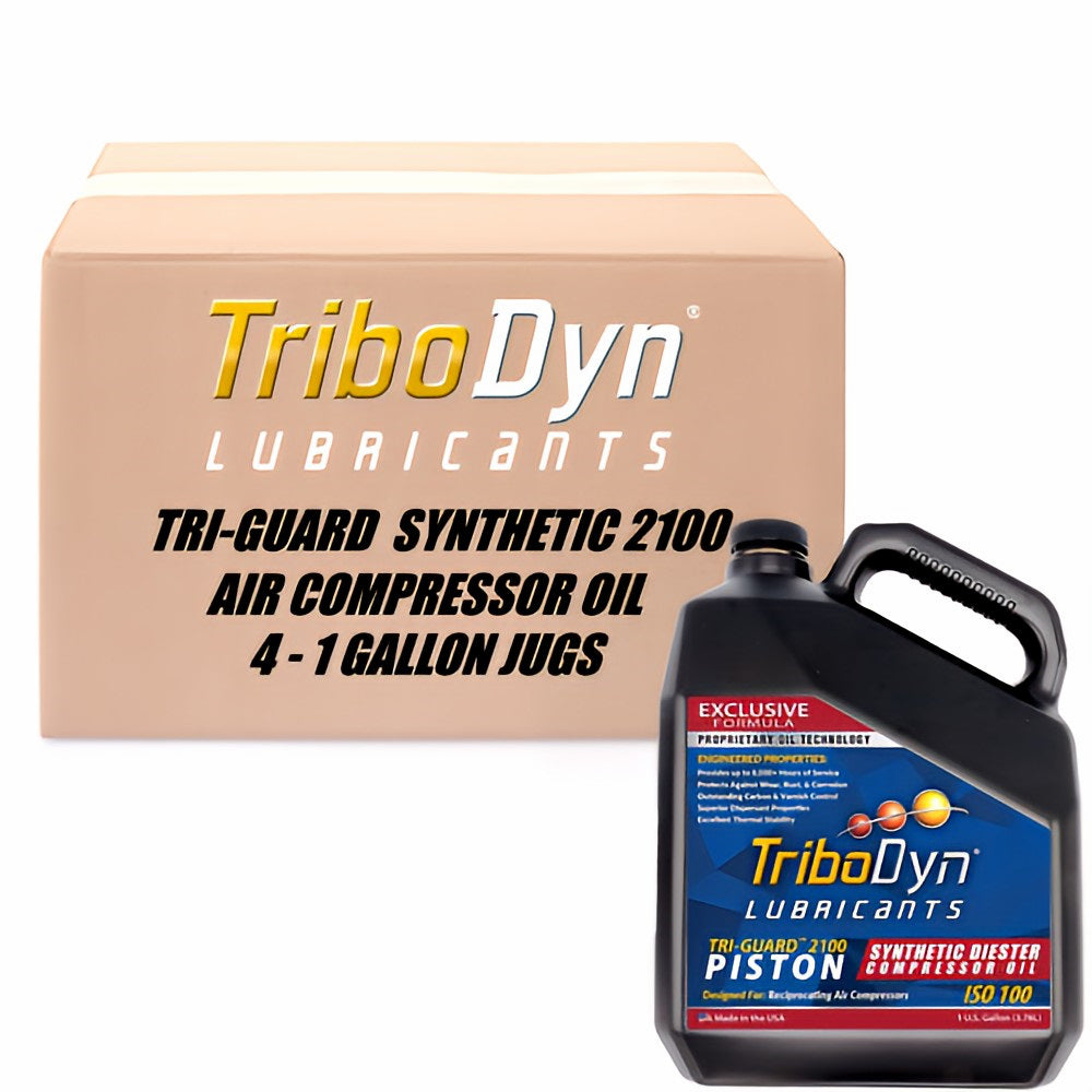 4 Gallon Case of TriboDyn Tri-Guard 2100 ISO 100 Synthetic Diester Air Compressor Oil with a black gallon jug