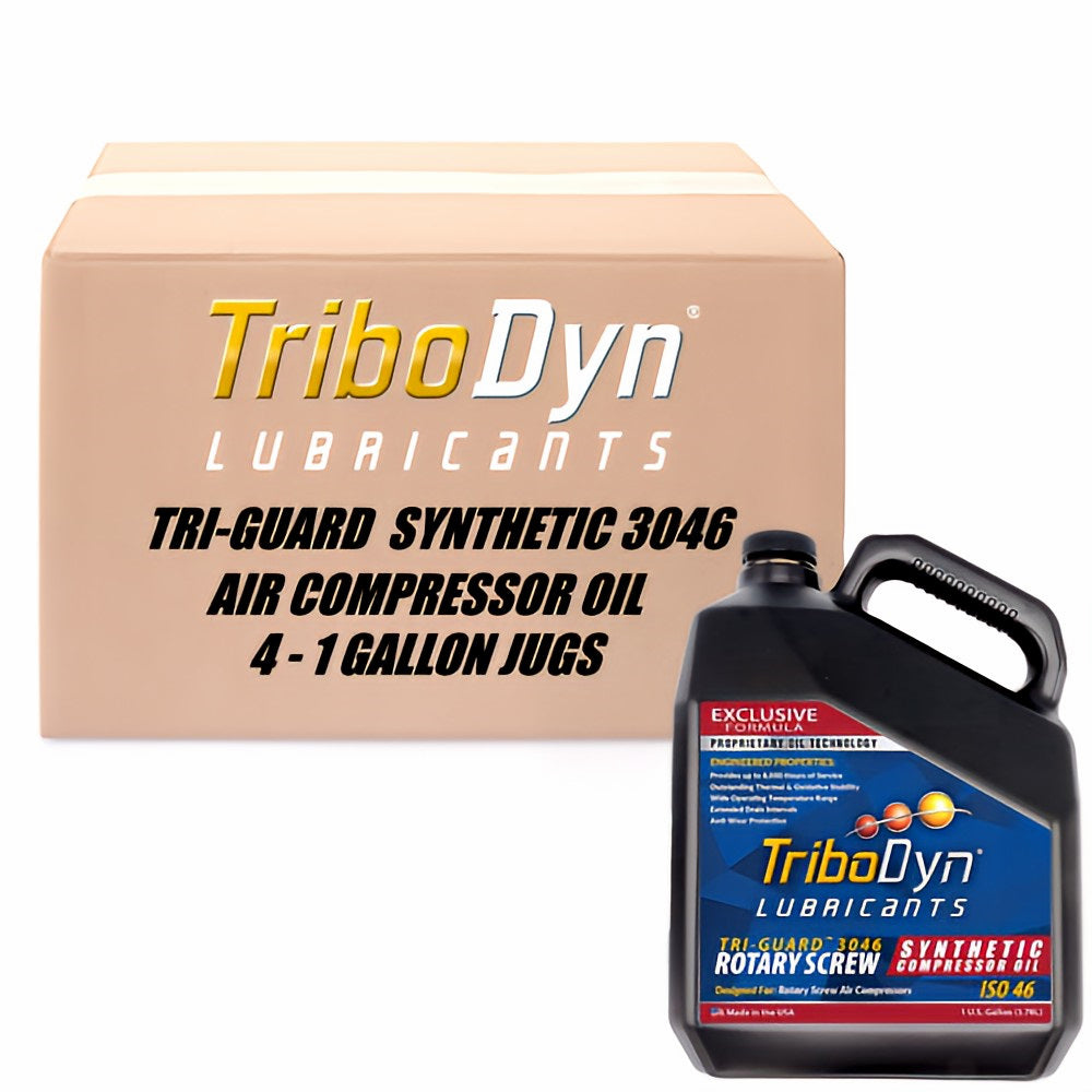 4 Gallon Case of TriboDyn Tri-Guard 3046 ISO 46 Synthetic Rotary Screw Air Compressor Oil with a black gallon jug