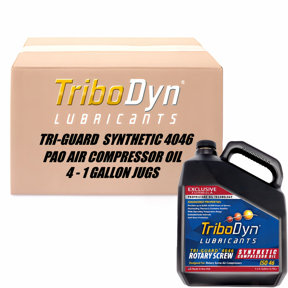 4 Gallon Case of TriboDyn Tri-Guard 4046 ISO 46 PAO Synthetic Rotary Screw Air Compressor Oil with a black gallon jug