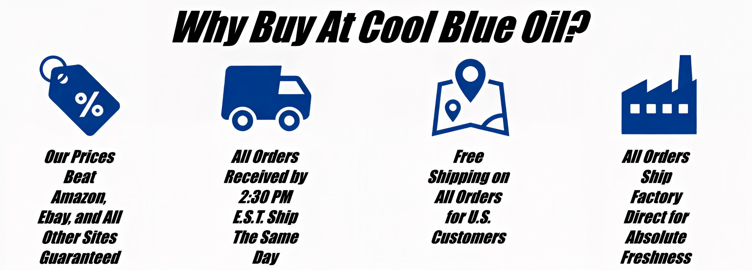 A promotional infographic with the headline 'Why Buy At Cool Blue Oil?' in black text on a white background, followed by four blue icons and black text listing claimed benefits: low prices, fast shipping, free shipping, and all orders from factory/direct sources.