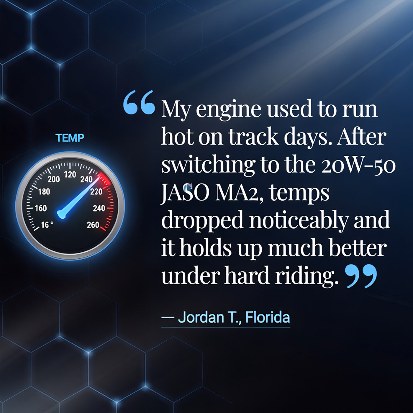 My engine used to run hot on track days. After switching to the 20W-50 JASO MA2, temps dropped noticeably and it holds up much better under hard riding.