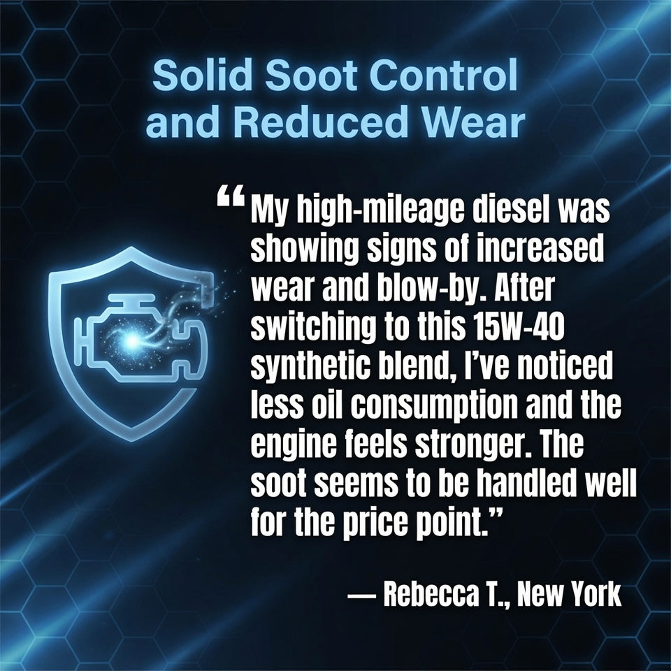 Customer review of TriboDyn TRI-EX² 15W-40 Synthetic Blend – good soot control and reduced wear in high-mileage diesel