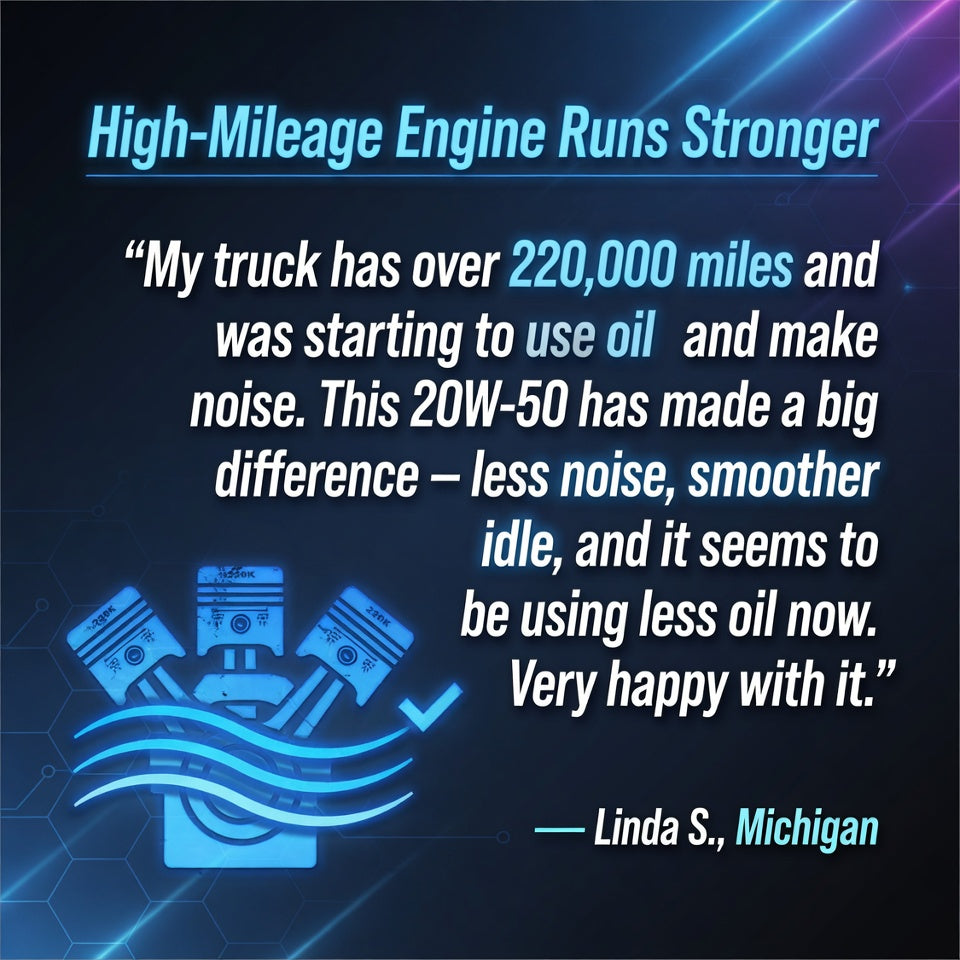 Customer review of TriboDyn TRI-EX² 20W-50 Synthetic Blend Motor Oil high-mileage engine runs stronger with less noise