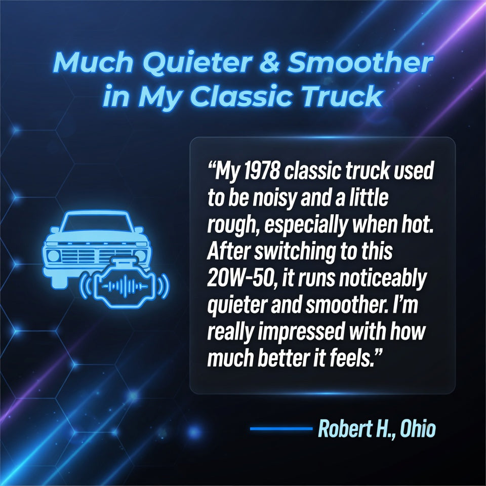 Customer review of TriboDyn TRI-EX² 20W-50 Synthetic Blend Motor Oil classic truck runs quieter and smoother