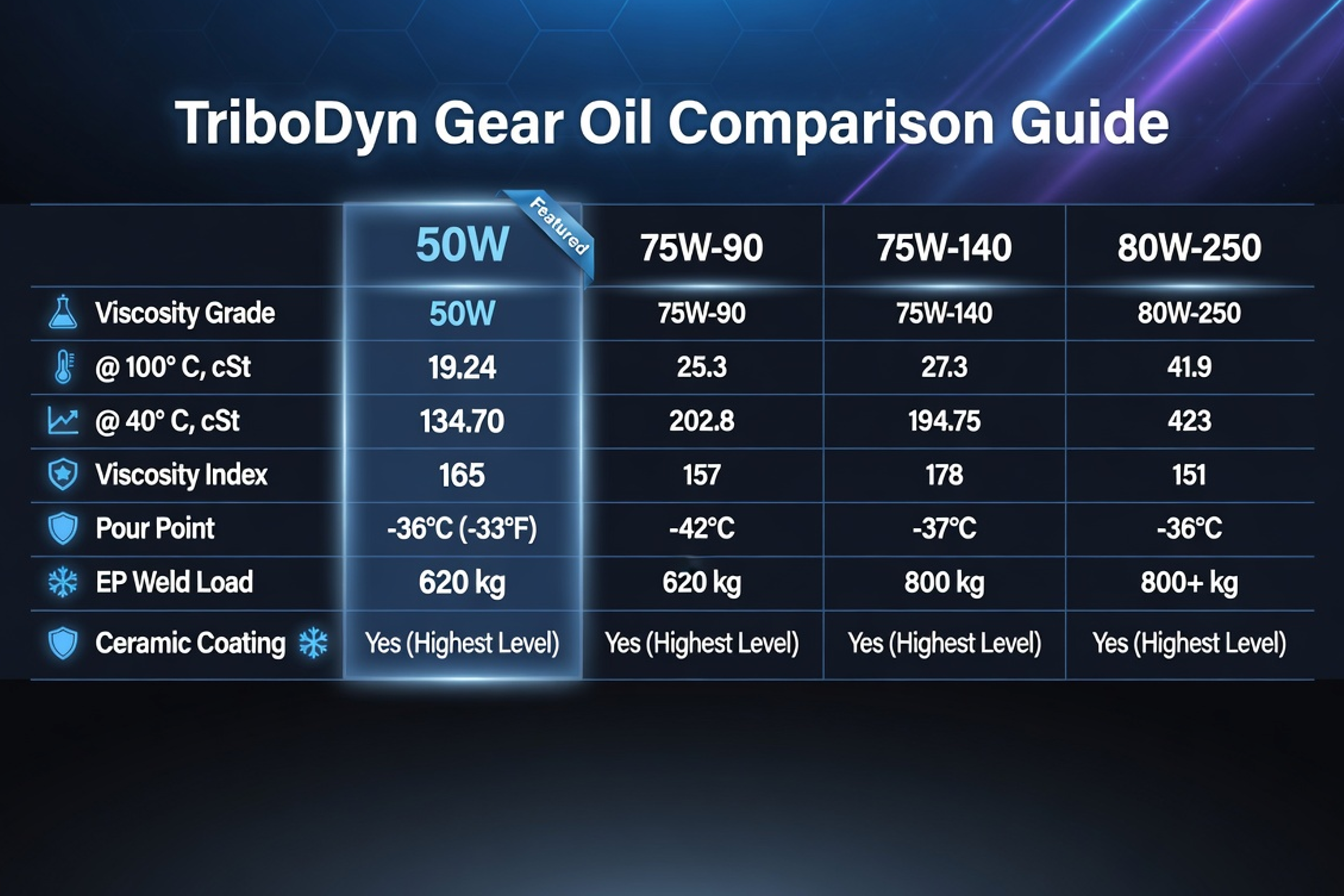 TriboDyn TRI-EX2 Gear Oil Comparison Guide – 50W highlighted vs 75W-90, 75W-140, and 80W-250