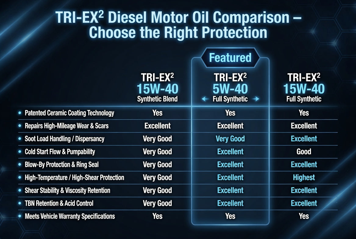 Comparison chart of TriboDyn TRI-EX² diesel motor oils – 15W-40 Synthetic Blend, 5W-40 Full Synthetic (featured), and 15W-40 Full Synthetic – showing patented ceramic coating, soot handling, cold start performance, blow-by protection, and high-temperature protection