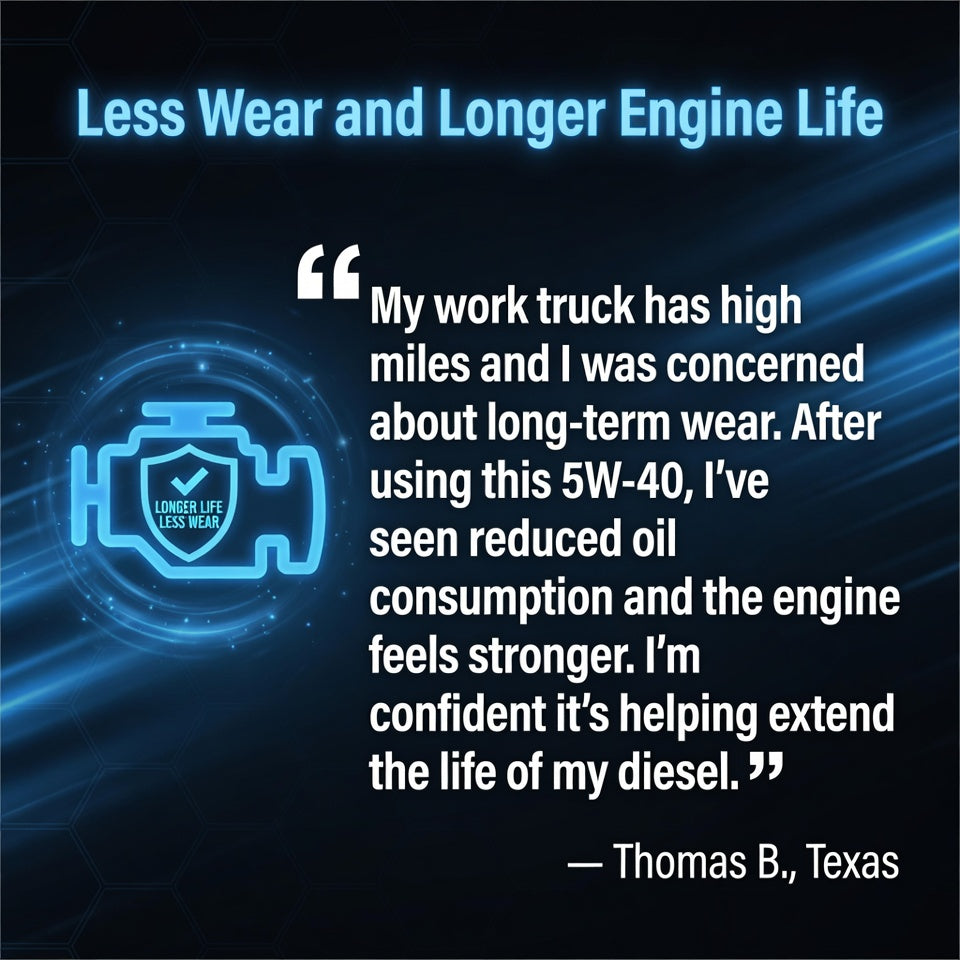 Customer review of TriboDyn TRI-EX² 5W-40 Full Synthetic Heavy Duty Motor Oil – reduced wear and better longevity in high-mileage diesel