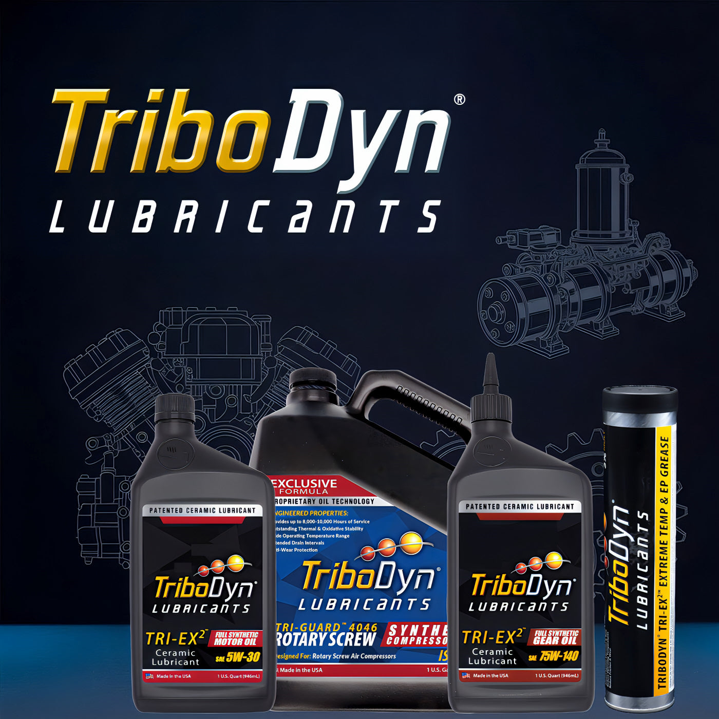 TriboDyn application-specific lubricants including ceramic motor oils, limited slip gear oils, and high-performance compressor oils