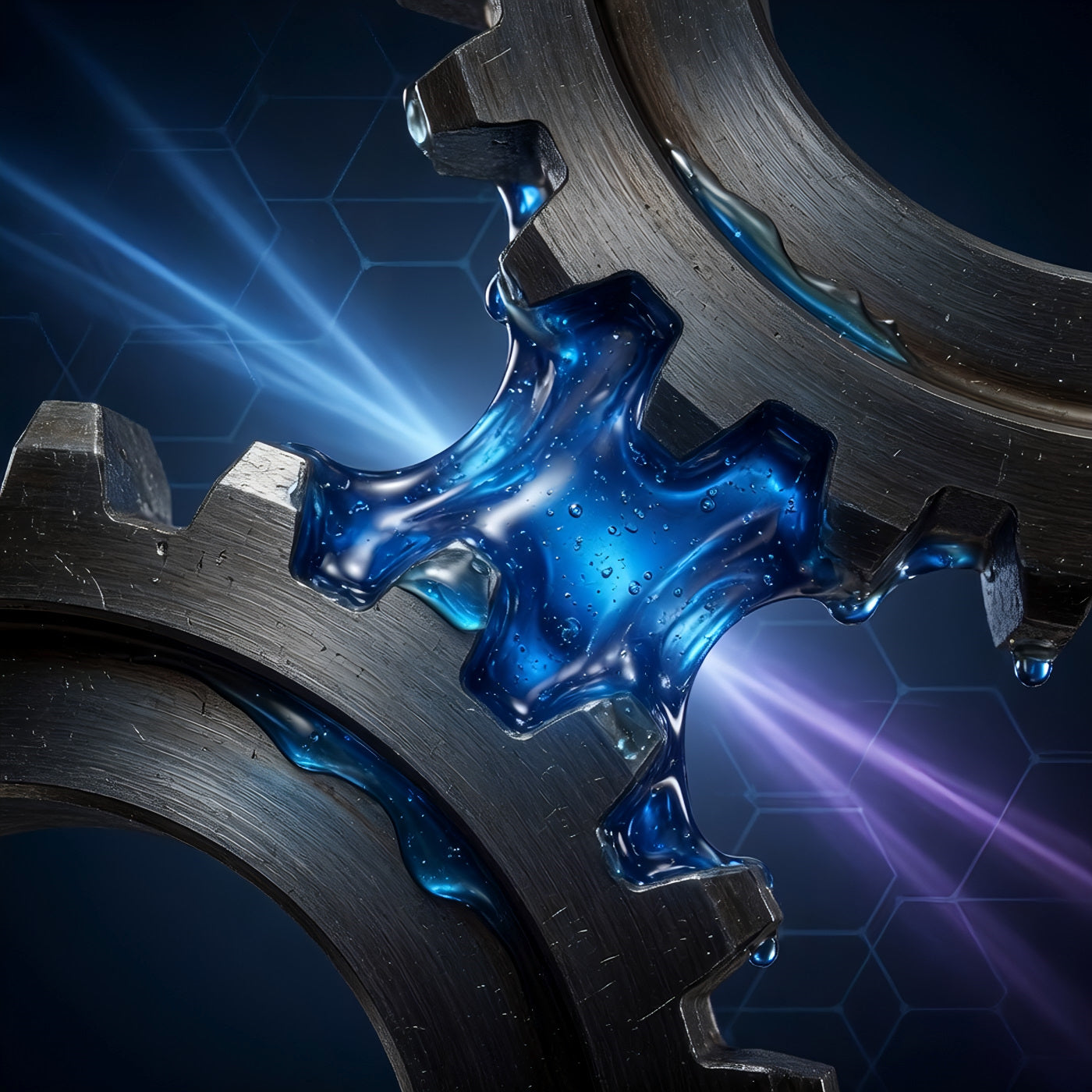 TriboDyn Tri-Ex² gear oils delivering the highest film strength available – thick glowing blue protective layer between heavy-duty gear teeth under extreme pressure