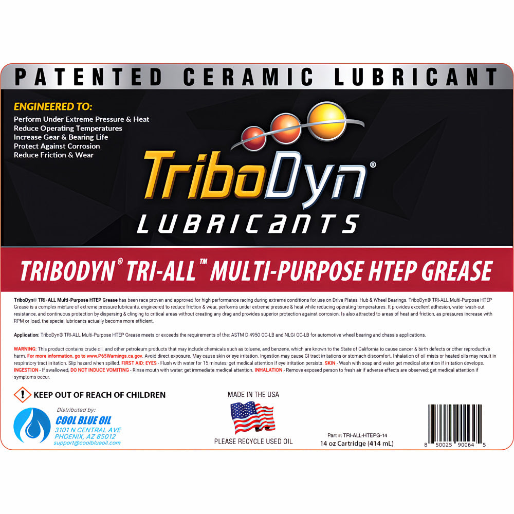 TriboDyn TRI-ALL Multi-Purpose HTEP Grease detailed label – engineered for extreme pressure, heat, corrosion protection and reduced friction with 5% Moly
