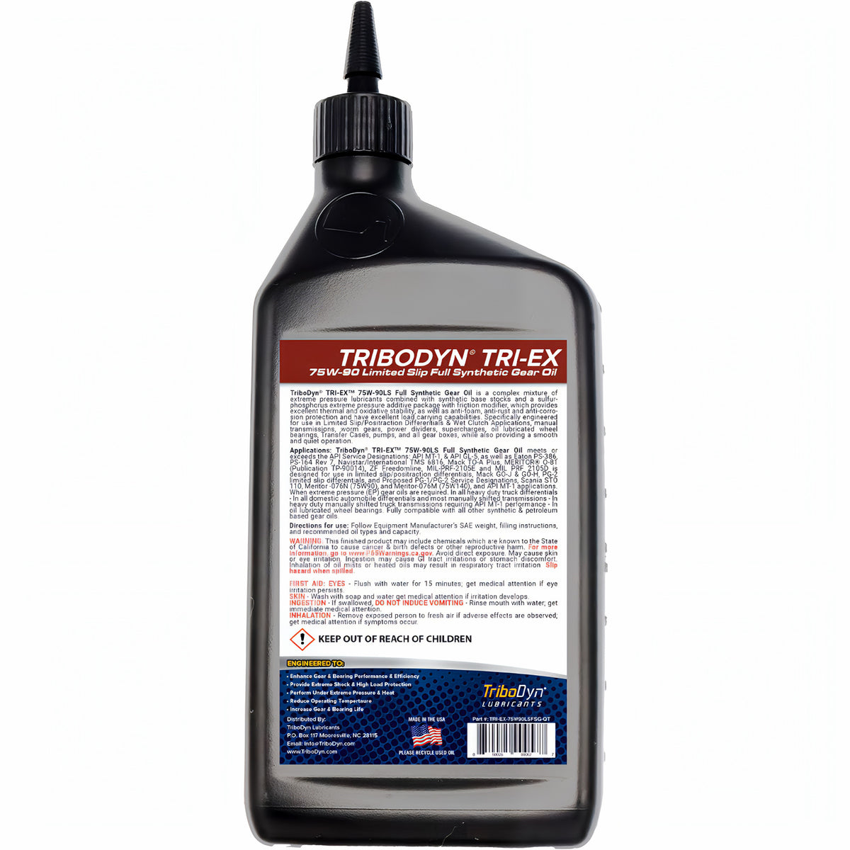 TriboDyn TRI-EX 75W-90 full synthetic limited slip gear oil, 1 one-quart bottle, back view